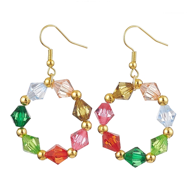 

PandaHall Colorful Acrylic Beaded Ring Dangle Earrings, Iron Long Drop Earrings, Golden, 52~54x30mm Acrylic Ring
