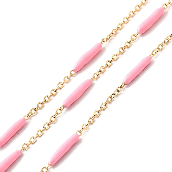 

PandaHall Enamel Column Link Chains, with Ion Plating(IP) Golden 304 Stainless Steel Cable Chains, Unwelded, with Spool, Pink, 14~17x2~3mm...