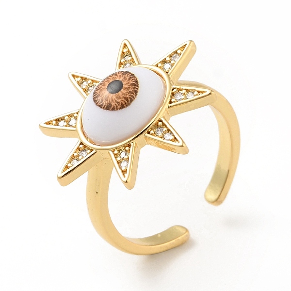 

PandaHall Cubic Zirconia Sun with Evil Eye Open Cuff Ring with Acrylic, Real 18K Gold Plated Brass Jewelry for Women, Cadmium Free & Lead..., Brown