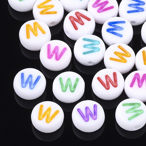 

PandaHall Initial Acrylic Beads, Horizontal Hole, Flat Round, Mixed Color, Letter.W, 7x3.5~4mm, Hole: 1.2mm, about 370pcs/50g Acrylic Flat..., Multicolor