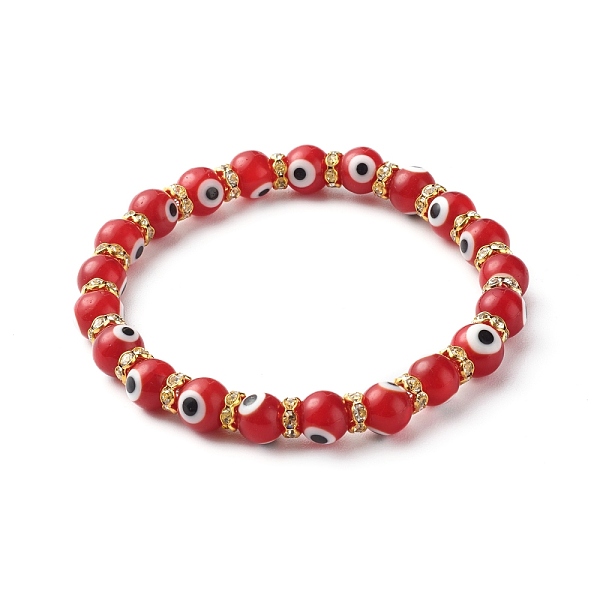 PandaHall Handmade Evil Eye Lampwork Beaded Stretch Bracelets, with Flat Round Brass Rhinestone Beads, Red, Inner Diameter: 2-1/2 inch...