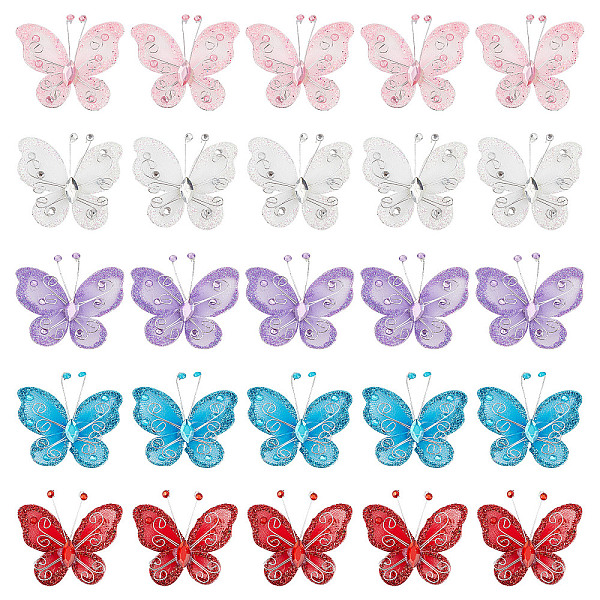 

PandaHall GORGECRAFT 25PCS 5 Colors Organza Butterflies with Wire & Rhinestones Fabric Butterfly Decoration Glitter Nylon Mesh Butterflies..., Multicolor