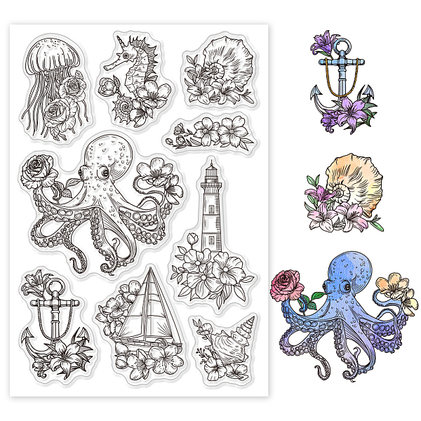

PandaHall GLOBLELAND Sea Octopus Clear Stamps Jellyfish Clear Rubber Stamps Lighthouse Silicone Stamps for DIY Scrapbooking Photo Album...