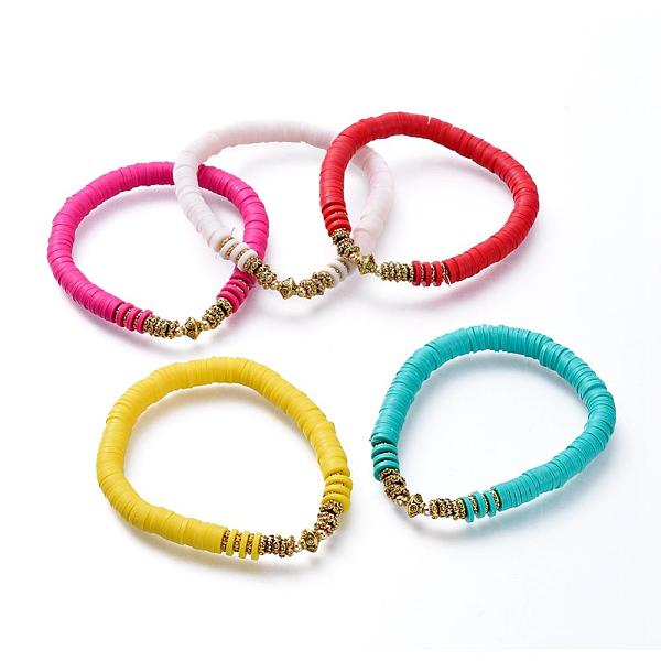 PandaHall Stretch Bracelets, with Polymer Clay Heishi Beads, Antique Golden Plated Alloy Spacer Beads and Brass Round Beads, Mixed Color...