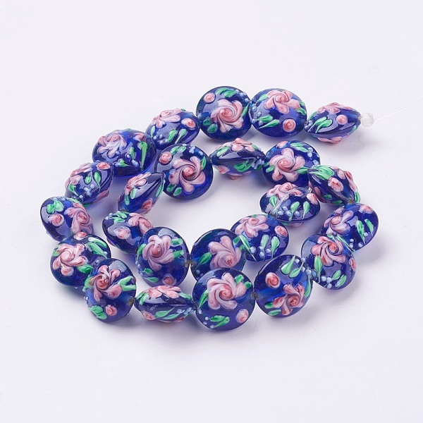 

PandaHall Handmade Bumpy Lampwork Beads Strands, Flat Round with Flower, Medium Blue, 17~20.5x10~14mm, Hole: 1.4mm Lampwork Flat Round Blue