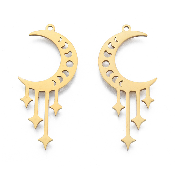 

PandaHall 201 Stainless Steel Pendants, Moon Charm with Star, Real 18K Gold Plated, 39x17.5x1mm, Hole: 1.5mm 201 Stainless Steel Moon