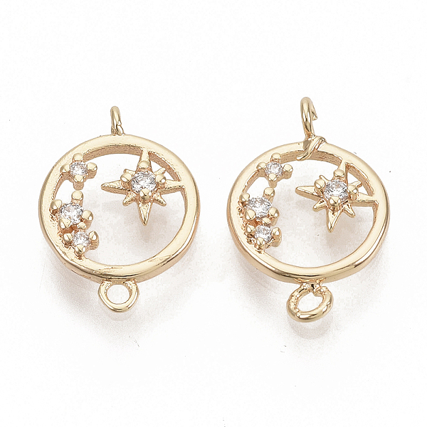 

PandaHall Brass Micro Pave Cubic Zirconia Links connectors, Nickel Free, Flat Round with Star, Real 18K Gold Plated, Clear, 14x9.5x2mm, Hole...
