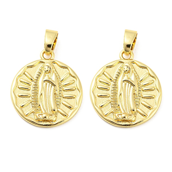 

PandaHall Rack Plating Brass Pendants, Lead Free & Cadmium Free, Flat Round with Saint Charm, Real 18K Gold Plated, 21x18x2.5mm, Hole...