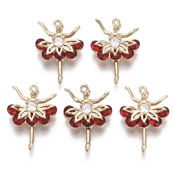 

PandaHall Glass Pendants, with Brass Micro Pave Cubic Zirconia Findings, Faceted, Ballet Dancer, Light Gold, FireBrick, 21.5x15x4.5mm, Hole..., Red