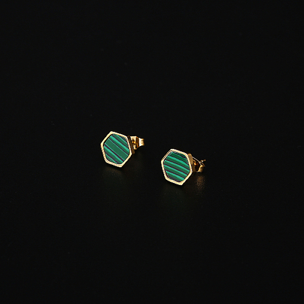 

PandaHall Natural Malachite Hexagon Stud Earrings, 304 Stainless Steel Earrings, Real 18K Gold Plated, No Size Malachite Hexagon