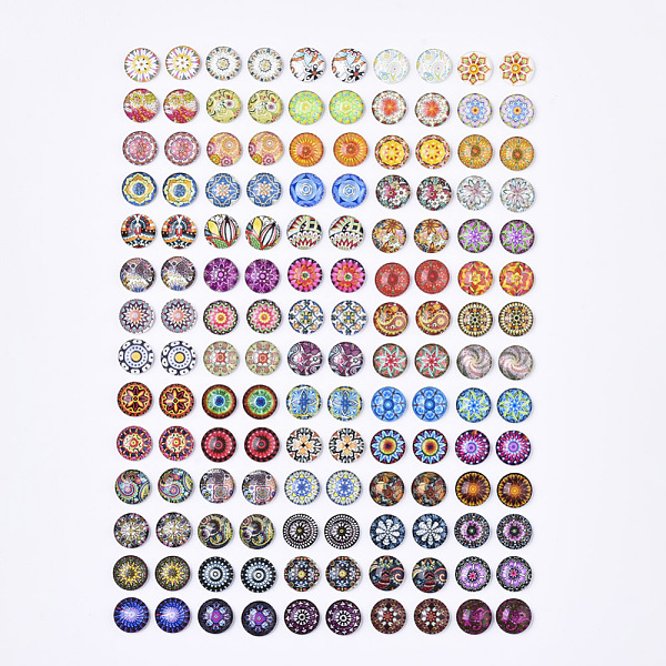 

PandaHall Glass Cabochons, with Self-Adhesive, for DIY Jewelry Making, Half Round with Mixed Patterns, Flower Pattern, 12x4.5mm Glass Flower