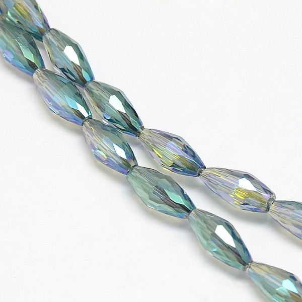 PandaHall Electroplate Crystal Glass Rice Beads Strands, Faceted, Rainbow Color Plated, Dark Cyan, 4x9mm, Hole: 1mm, about 58pcs/strand...