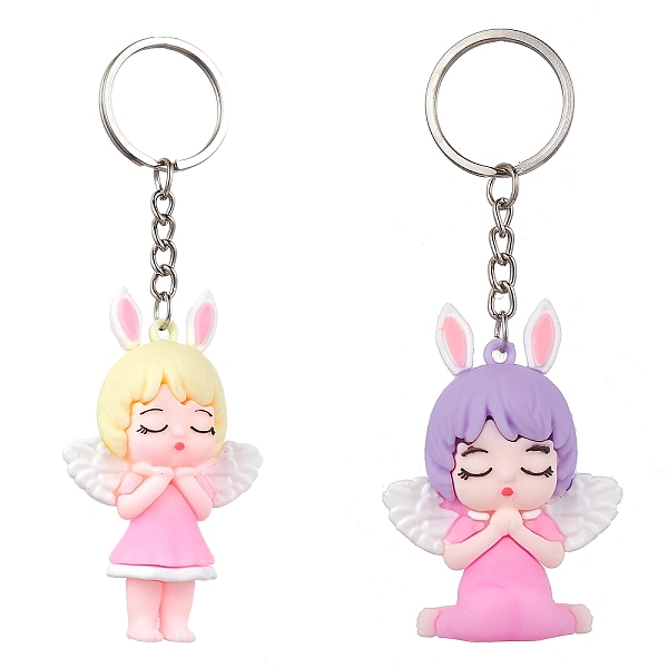

PandaHall 2Pcs 2 Style Angel Shape PVC Pendants Keychains, Iron Split Key Rings, Pink, 11.2~12.05cm, 1pc/style Plastic Angel & Fairy Pink