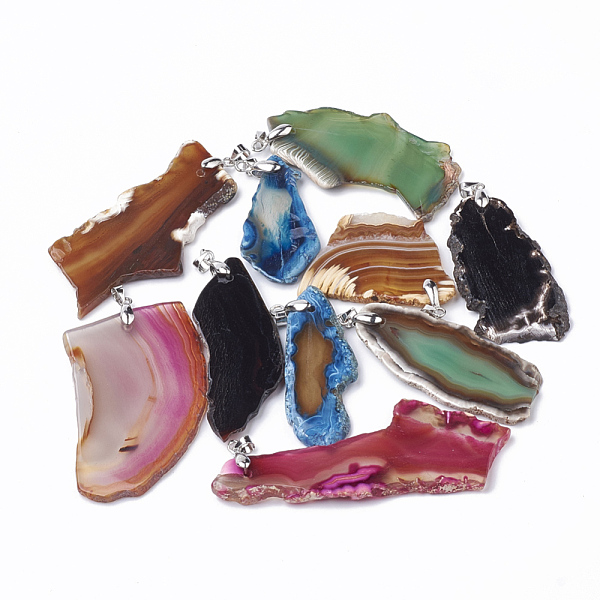 

PandaHall Natural Agate Big Pendants, with Platinum Tone Brass Findings, Dyed, Nuggets, Mixed Color, 40~80x18~35x3~4mm, Hole: 3.5x4.5mm..., Multicolor