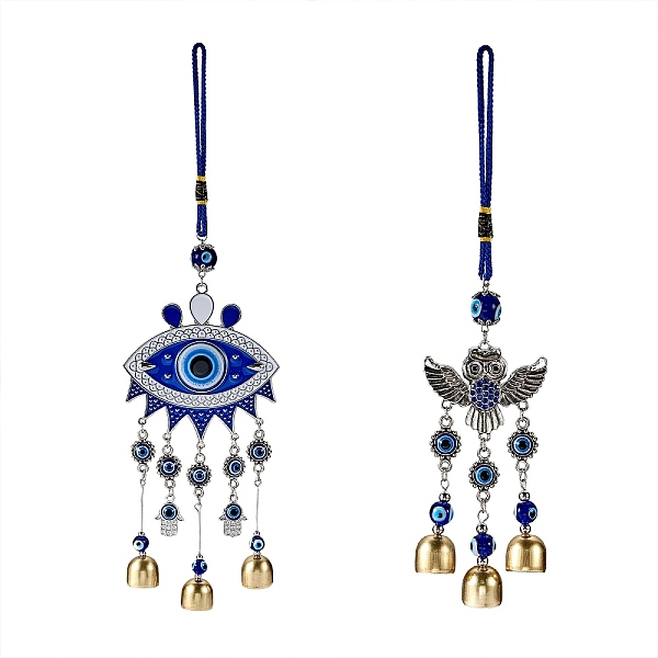 

PandaHall 2Pcs 2 Style Car Hanging Alloy Glass Rhinestone Wind Chime, with Evil Eye Resin Beads, Mixed Color, 282mm Alloy Evil Eye
