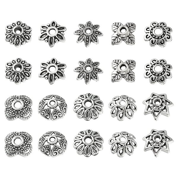

PandaHall 200Pcs 10 Styles Tibetan Style Alloy Bead Caps, Flower, Antique Silver, 6~9x6~9x2~3mm, Hole: 1~1.6mm, 20pcs/style Alloy