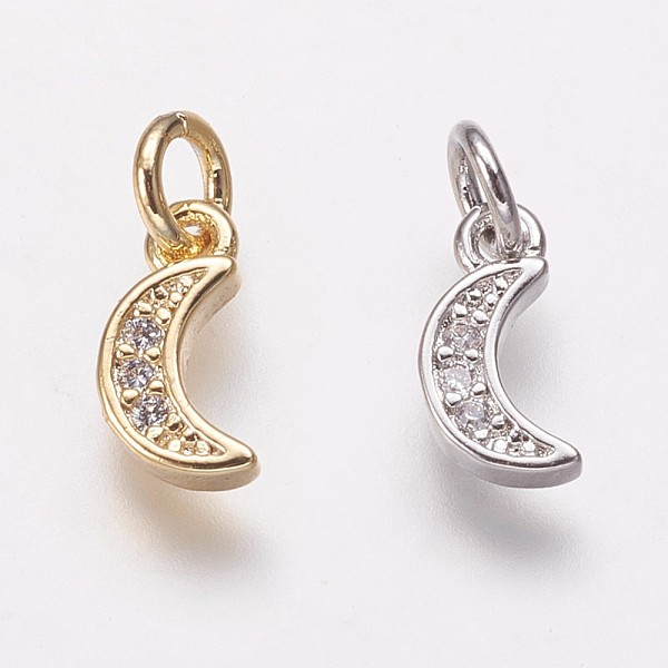 

PandaHall Brass Cubic Zirconia Pendants, Moon Charms, Platinum & Golden, 9.5x5x2mm, Hole: 3mm Brass+Cubic Zirconia Moon Clear