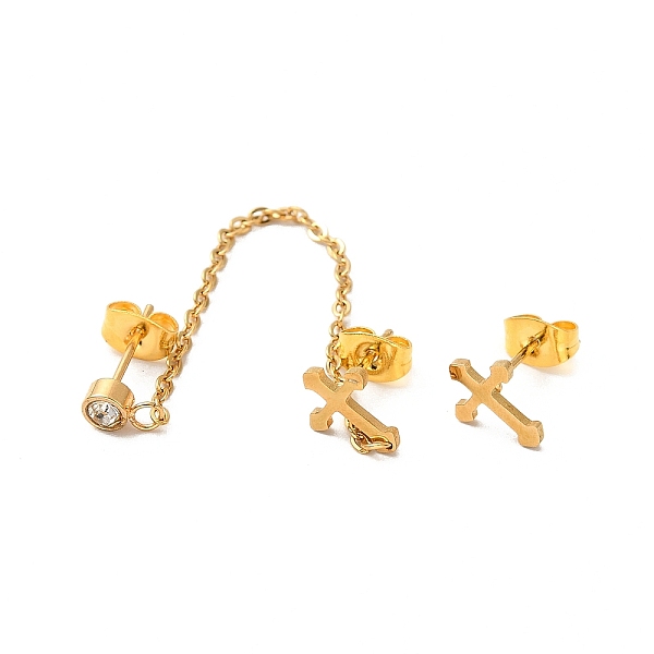 

PandaHall Vacuum Plating 304 Stainless Steel Dangle Chains Stud Earrings, Asymmetrical Earrings for Women, Golden, Cross Pattern, 82mm...