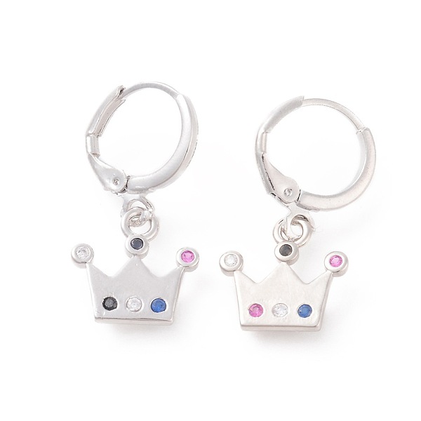 

PandaHall Brass Micro Pave Cubic Zirconia Dangle Hoop Earrings, Crown, Colorful, Platinum, 26mm, Pin: 0.9mm Cubic Zirconia