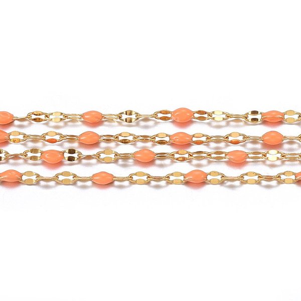 

PandaHall Ion Plating(IP) 304 Stainless Steel Link Chains, with Spool, with Enamel, Soldered, Light Salmon, 2.5~7x1.5x0.3~1.5mm, about 32.8..., Red