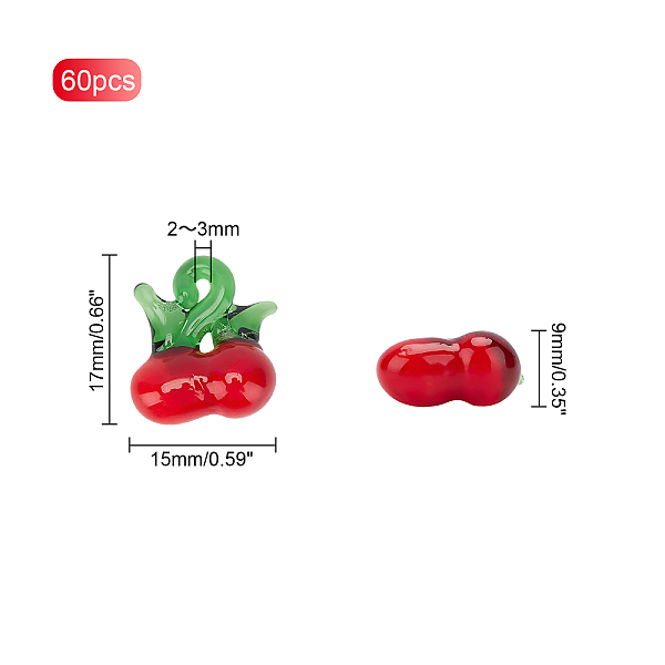 

PandaHall Olycraft Handmade Lampwork Pendants, Cherry, Red, 17~19x15~17x9~10mm, Hole: 2~3mm, 60pcs Lampwork Cherry Red