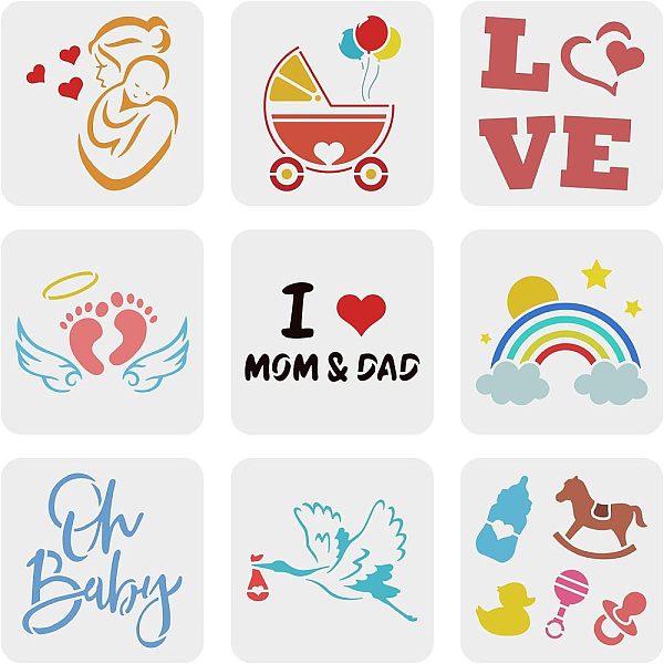 

PandaHall FINGERINSPIRE 9 Pcs Baby Shower Stencil 15x15cm Cute Onesie Stencil Plastic Love Footprint Goose Baby Carriage Rainbow Patterns..., White