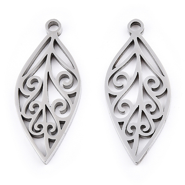 

PandaHall 304 Stainless Steel Pendants, Laser Cut, Leaf Charm, Stainless Steel Color, 25x10.5x1.5mm, Hole: 1.6mm 304 Stainless Steel Leaf