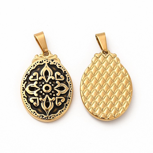 

PandaHall Ion Plating(IP) 304 Stainless Steel Pendants, with 201 Stainless Steel Clasp, Oval with Flower Charms, Antique Golden, 23x16x3mm..., Black