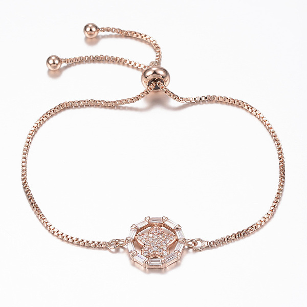

PandaHall Adjustable Brass Micro Pave Cubic Zirconia Slider Bracelets, Bolo Bracelets, Star, Rose Gold, 10-1/4 inch(260mm), 1.2mm Cubic..., Clear