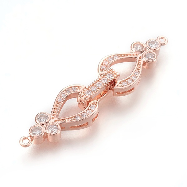 

PandaHall Brass Cubic Zirconia Fold Over Clasps, Lead Free & Nickel Free, Clear, Rose Gold, 43x10x5mm, Hole: 1mm Brass+Cubic Zirconia Clear