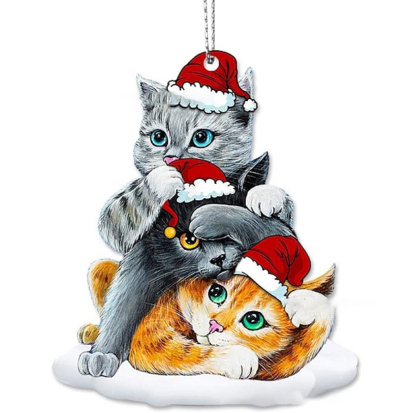 PandaHall Christmas Cat Shape Acrylic Pendant Decoration, with Nylon Rope and Iron Bell, for Car Rear View Mirror Hanging Ornament, Cat...