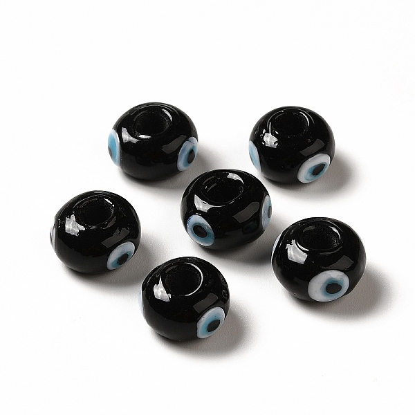 

PandaHall Handmade Evil Eye Lampwork Beads, Rondelle, Black, 13~14.5x13.5~15x8~9mm, Hole: 4.5mm Lampwork Rondelle Black