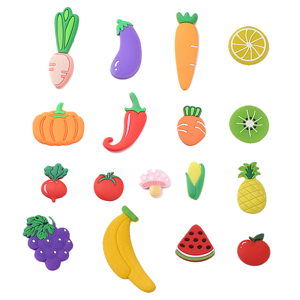 

PandaHall PVC Plastic Cabochons, Mixed Shapes, Fruits & Vegetables, Mixed Color, 20~60x13~36x2~5mm Plastic Mixed Shapes Multicolor