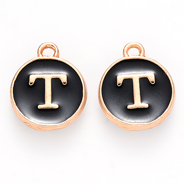

PandaHall Golden Plated Alloy Charms, Cadmium Free & Lead Free, with Enamel, Enamelled Sequins, Flat Round with Letter, Black, Letter.T...