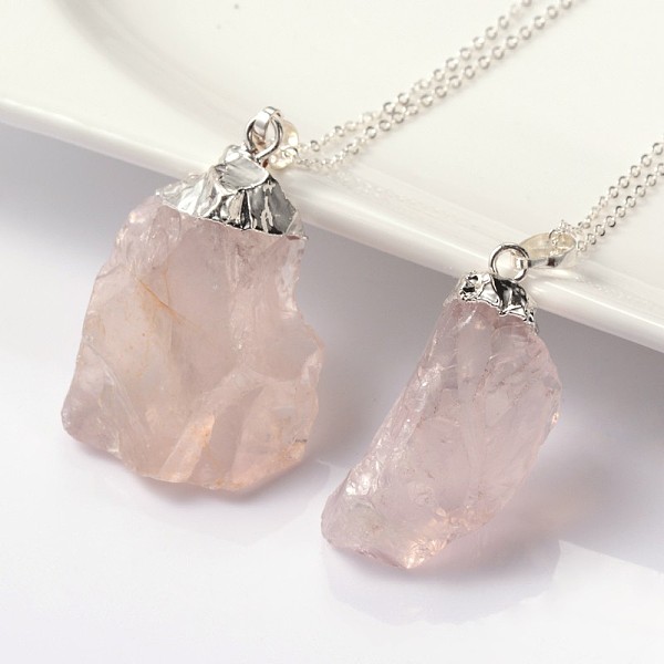 

PandaHall Natural Bezel Raw Rough Gemstone Rose Quartz Pendant Necklaces, with Brass Chains and Spring Ring Clasps, 18 inch Rose Quartz