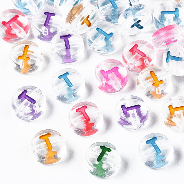 

PandaHall Transparent Clear Acrylic Beads, Horizontal Hole, Flat Round with Mixed Color Letter, Letter.T, 7x3.5mm, Hole: 1.2mm, about...
