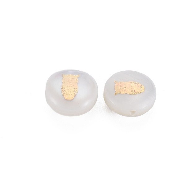 

PandaHall Natural Freshwater Shell Beads, with Golden Plated Brass Metal Embellishments, Flat Round with Owl, Seashell Color, 8x3.5mm, Hole...