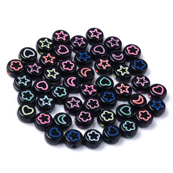

PandaHall Opaque Black Acrylic Beads, Flat Round with Mixed Color Star & Heart & Moon & Flower, 7x3.5mm, Hole: 1.5mm Acrylic Flat Round..., Multicolor