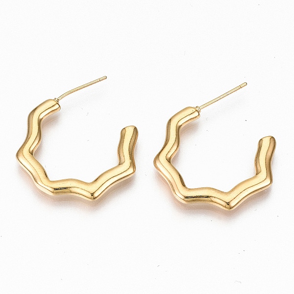 

PandaHall Brass Half Hoop Earrings, Stud Earring, Nickel Free, Wave, Real 18K Gold Plated, 26.5x25mm, Pin: 0.7mm Brass Others