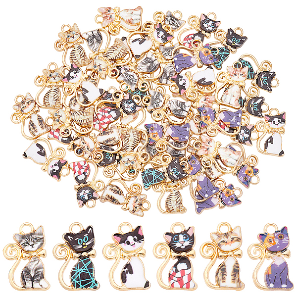 

PandaHall DICOSMETIC 48Pcs 8 Styles Cute Kitten Charm Enamel Cat Charm Light Golden Cat Charm Cat with Bowknot Charm Animal Pet Charm Alloy..., Multicolor