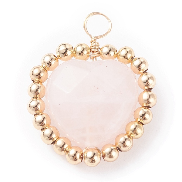 

PandaHall Alloy Faceted Natural Rose Quartz Beads Pendants, with KC Golde Copper Wire and Real 18K Gold Plated Beads, Heart, 25.5x21x8mm...