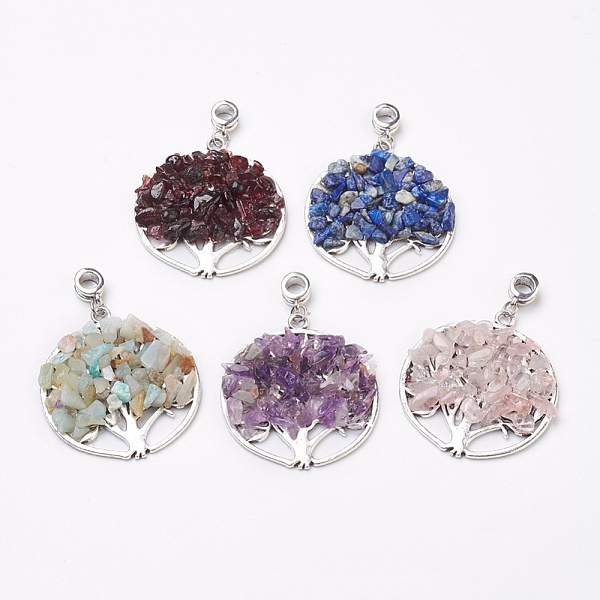 

PandaHall Natural Mixed Gemstone European Dangle Charms, Large Hole Pendants, with Antique Silver Plated Alloy Findings, Flat Round with...