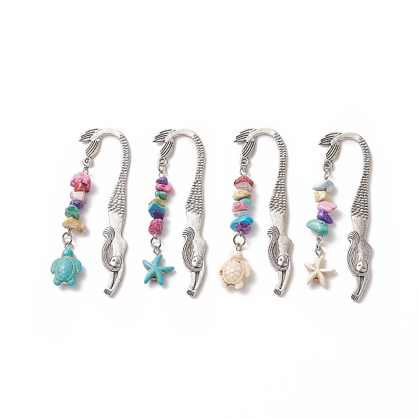 PandaHall Tibetan Style Alloy Mermaid Bookmarks, with Dyed Synthetic Turquoise Beads, Starfish & Turtle, Antique Silver, 78mm, 4pcs/set...