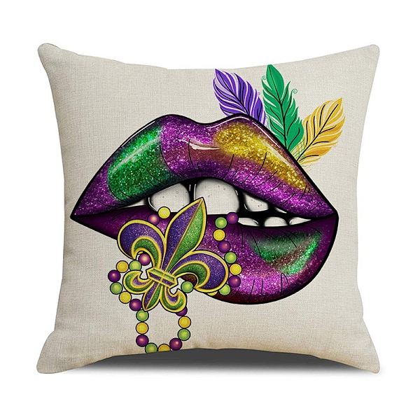 PandaHall Mardi Gras Carnival Theme Linen Pillow Covers, Cushion Cover, for Couch Sofa Bed, Square, Lip, 450x450x5mm Linen Lip
