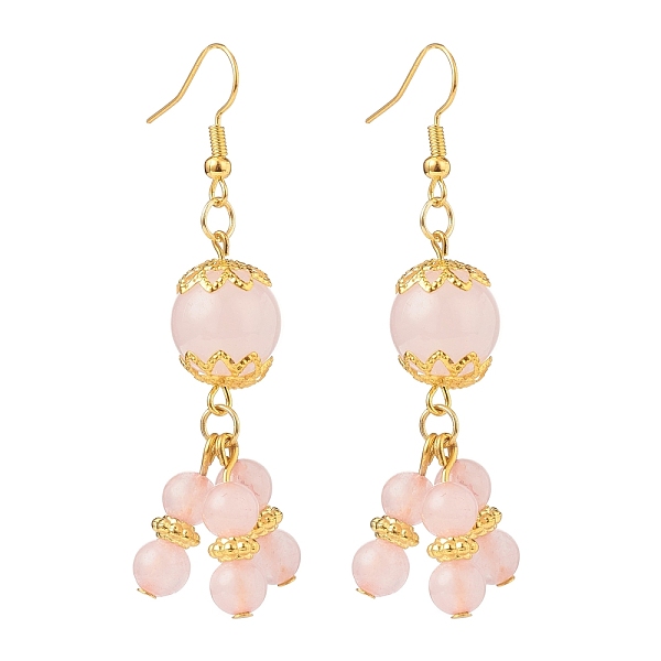 

PandaHall Natural Rose Quartz Round Beaded Cluster Long Dangle Earrings, Gold Plated Brass Jewelry for Women, 64~65mm, Pin: 0.5mm Rose...