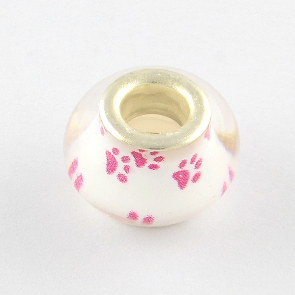 

PandaHall Large Hole Dog Paw Prints Pattern Resin European Beads, with Silver Color Plated Brass Double Cores, Rondelle, Camellia, 14x9~10mm..., Pink