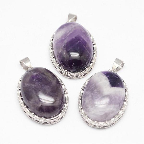 

PandaHall Natural Amethyst Pendants, with Brass Findings, Oval, Platinum, 30x21x10~11mm, Hole: 6x4mm Amethyst Oval