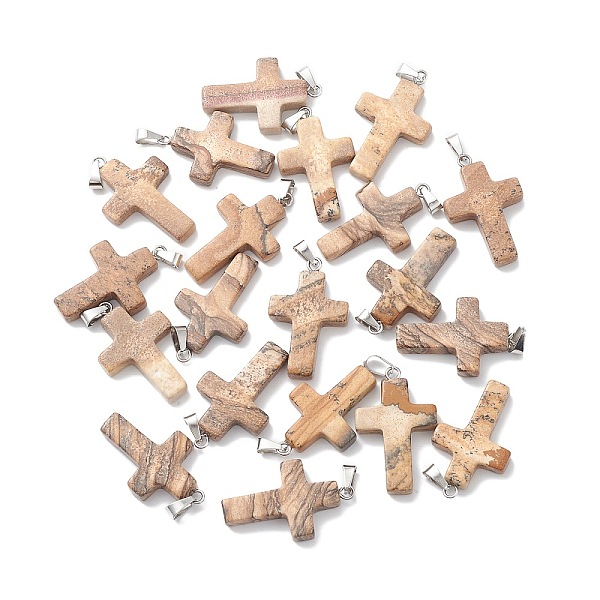 

PandaHall Natural Picture Jasper Pendants, with Platinum Tone Brass Findings, Cross, 25x18mm Picture Jasper Cross