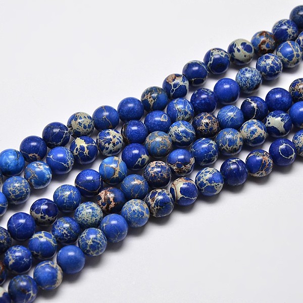 

PandaHall Natural Imperial Jasper Beads Strands, Round, Dyed, Blue, 6mm, Hole: 1mm, about 62pcs/strand, 15 inch Imperial Jasper Round Blue