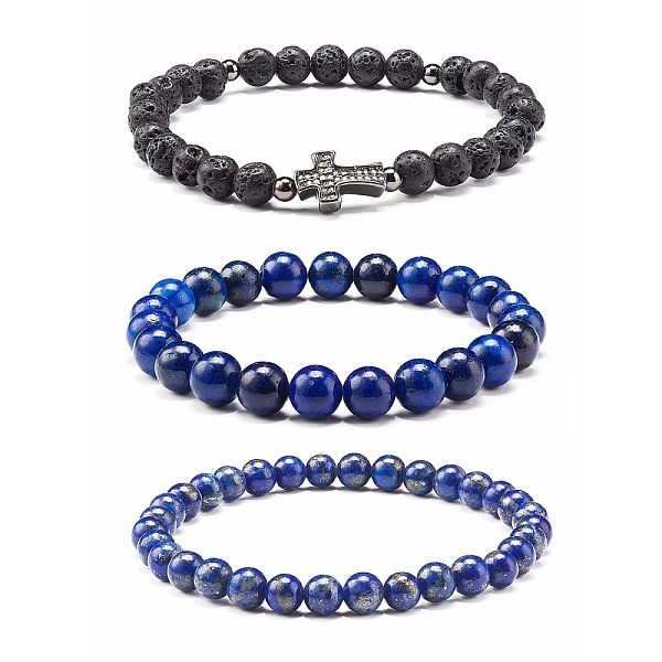 

PandaHall Natural Lapis Lazuli(Dyed) & Lava Rock Round Beads Stretch Bracelets Set, Cross Brass Micro Pave Cubic Zirconia Beads Bracelets..., Clear